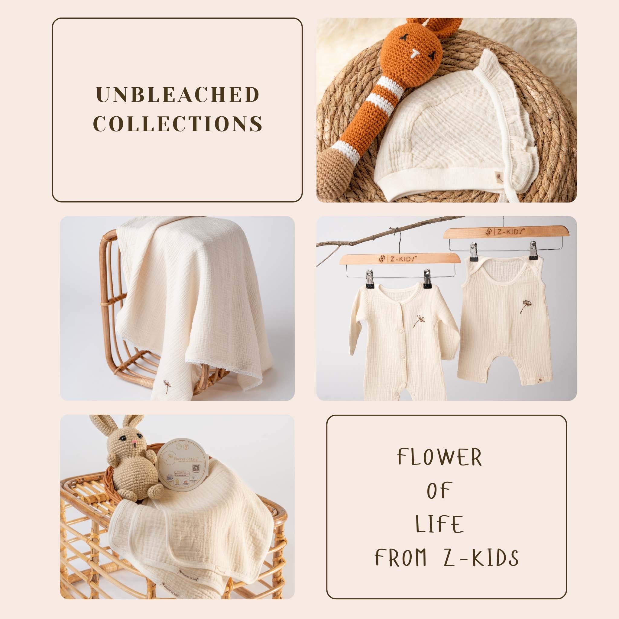 Unbleached muslin babywear from the Flower of Life collection by Z-KIDS – organic, resonant, and gentle on skin.
